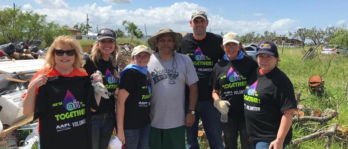 AAPL members and staff during the Disaster Relief workday in Rockport, TX after Hurricane Harvey. From left: Linda Schibi, Le'Ann Callihan, Mariah Martin, hurricane victim Arnesto Conzales, Matthew Crowell, Joanne Stoy and Nita Smith.